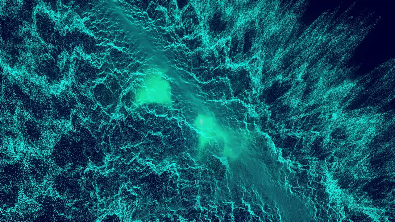 Tag di dati che fluttuano attraverso onde di rete ondulate, con un cumulo centrale verde acqua brillante che si illumina, utilizzando un rendering 3D