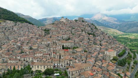 medieval baroque town morano calabro on a hilltop in calabria, italy - aerial 4k