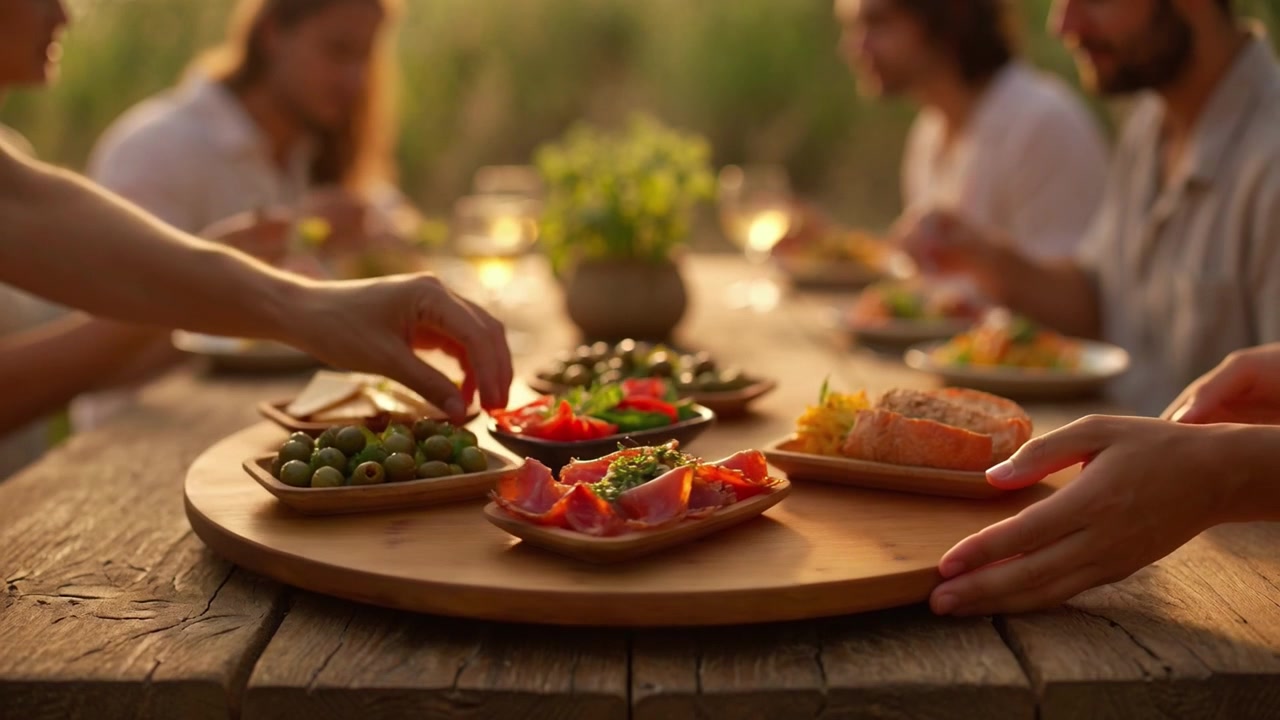Friends Sharing Appetizers on a Rotating Wooden Tray at an Outdoor Dinner