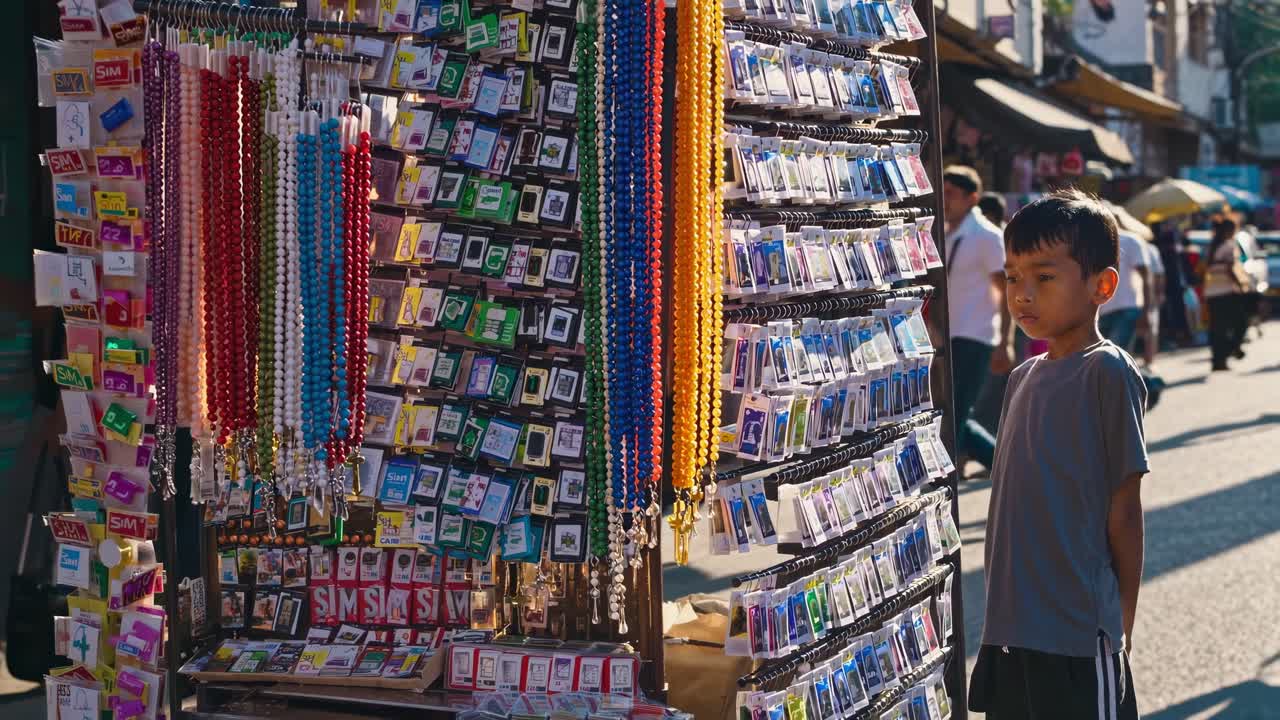 Young boy stands observing a colorful display of religious souvenirs at a bustling street market stall, captivated by the variety of items