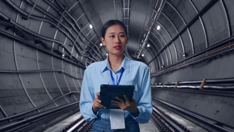 asian female with her tablet in underground subway tunnel, she observes by looking around before she come to concentrating with her tablet