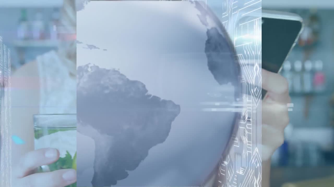 스마트폰을 사용하는 카우카스 여성 사업가에 대한 지구의 애니메이션과 데이터 처리