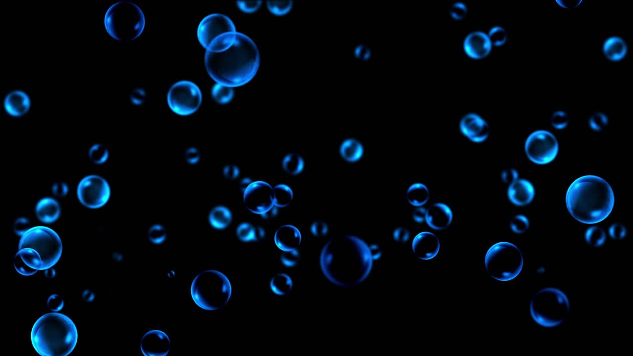 A dense cluster of luminous blue bubbles floats upwards against dark background. For underwater scenes or abstract concepts. Seamless loop