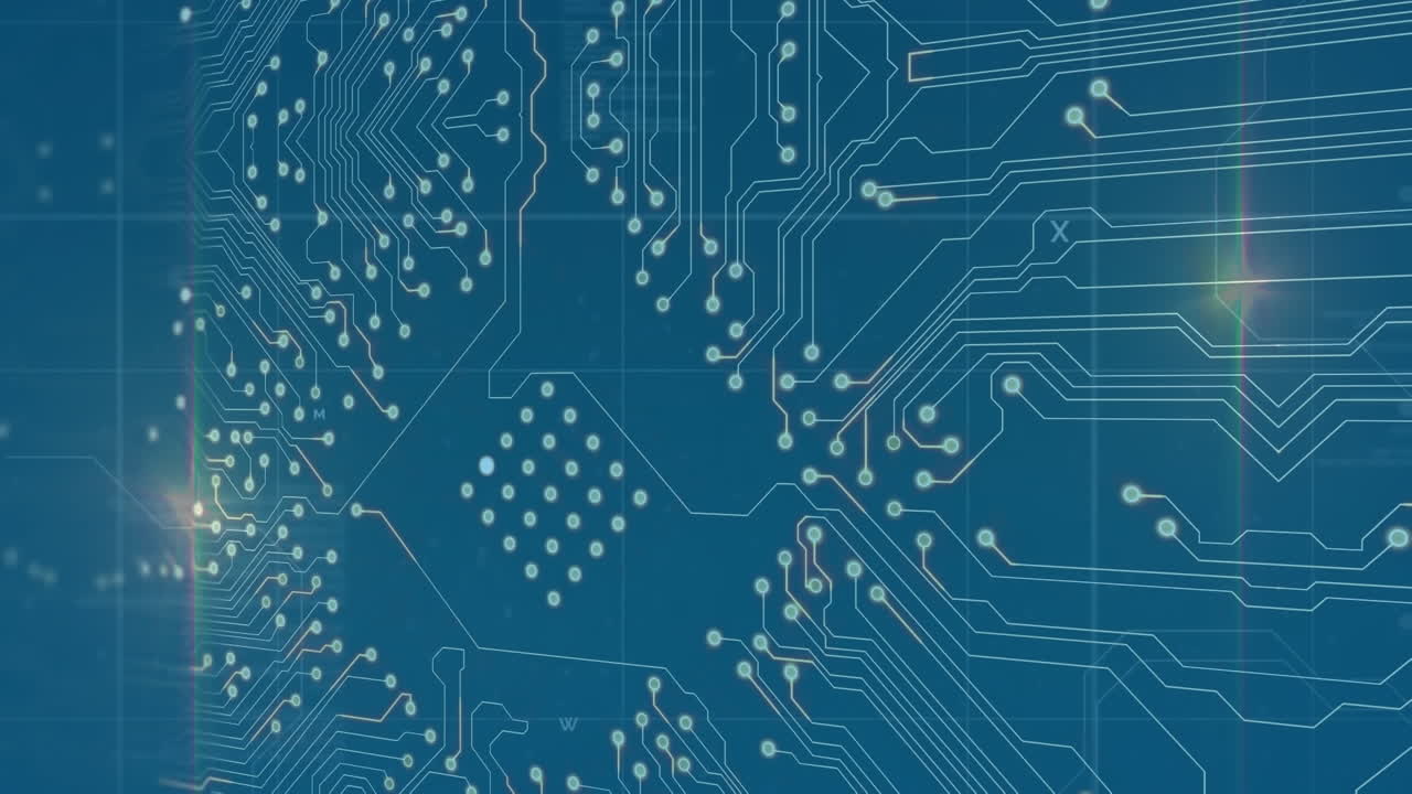 마이크로프로세서 연결을 통해 밝은 점의 애니메이션과 파란색 배경에 대한 데이터 처리