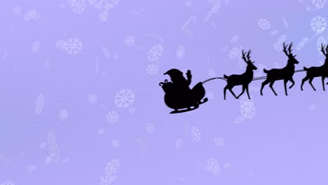 Santa-claus-in-sleigh-being-pulled-by-reindeers-over-snowflakes-falling-against-purple-background