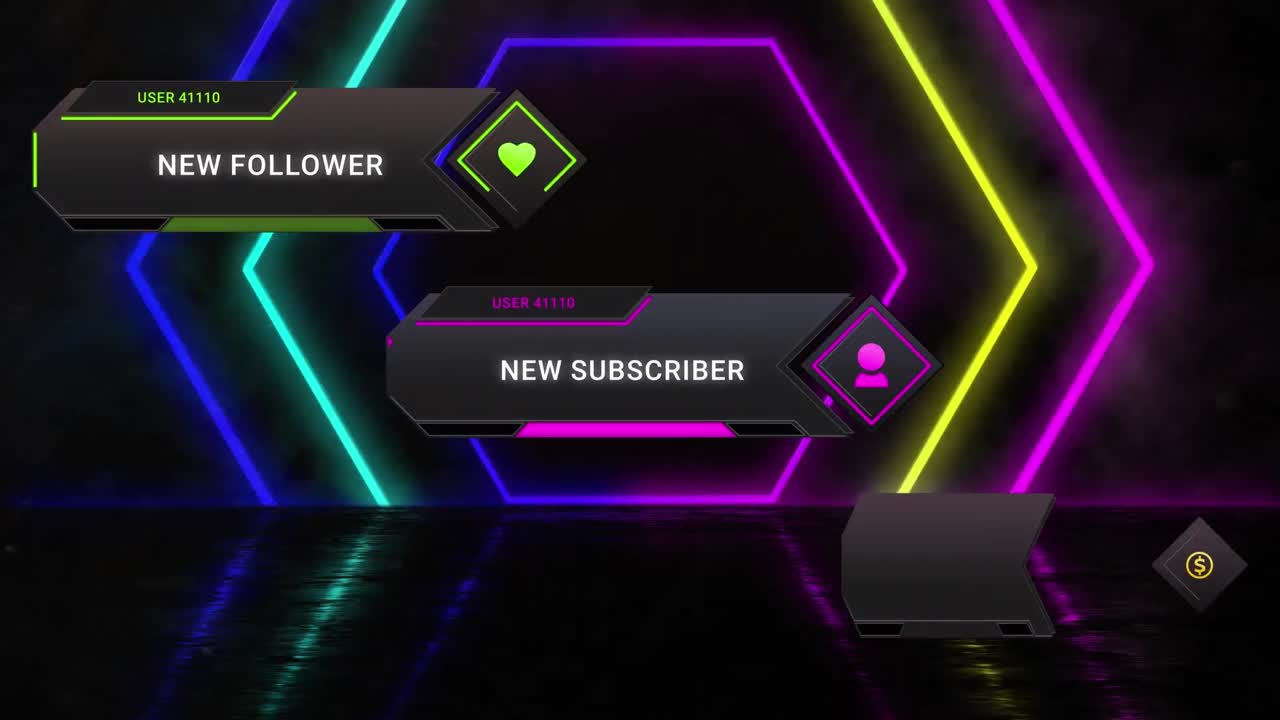 animación de iconos y textos de redes sociales sobre formas de neón