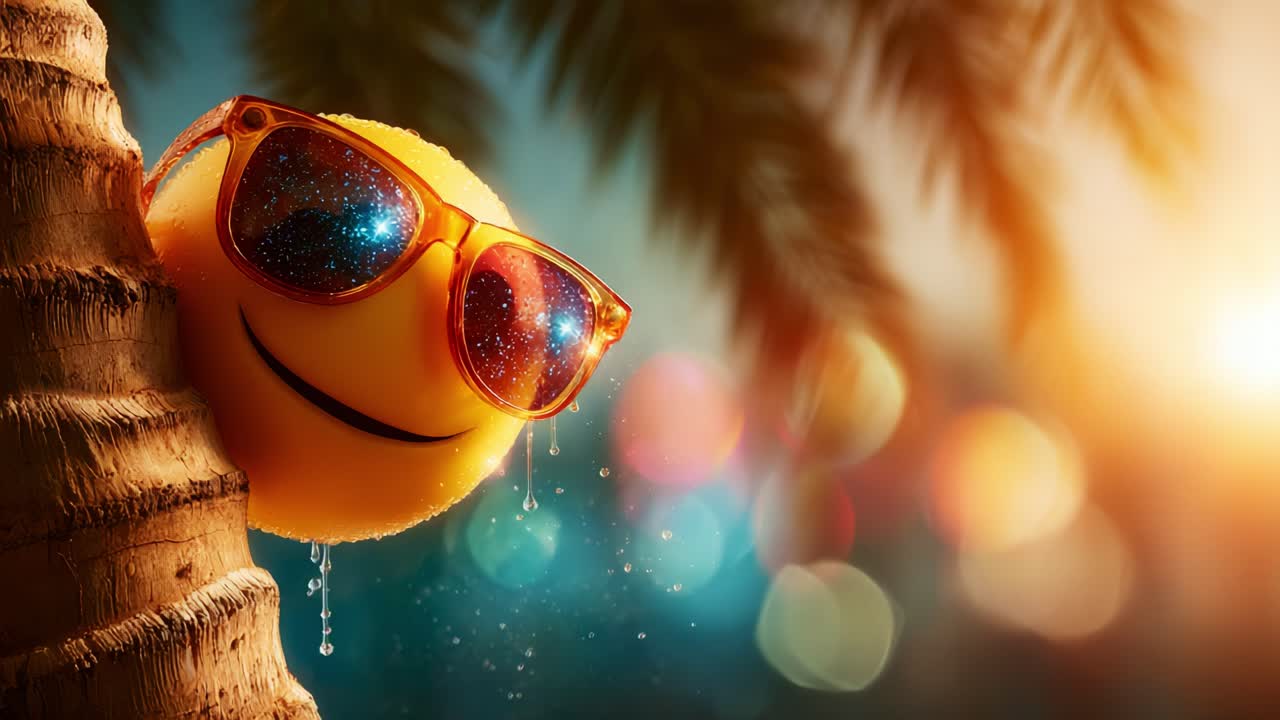 A playful and vibrant yellow smiley face wearing orange sunglasses peeks out from behind a palm tree, enjoying a colorful sunset background filled with shimmering lights and a joyful atmosphere