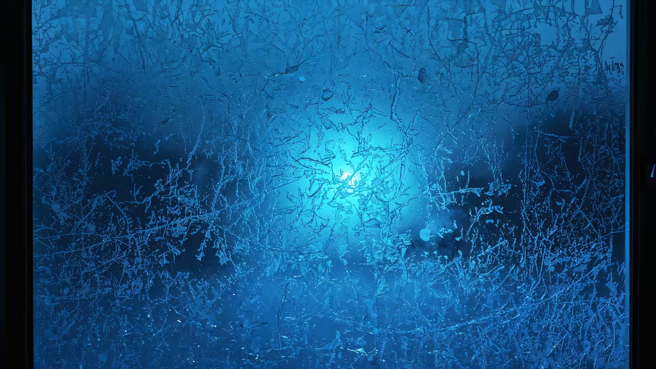 Pulsing blue light illuminating frosted glass pane at interior window, revealing droplets and halo