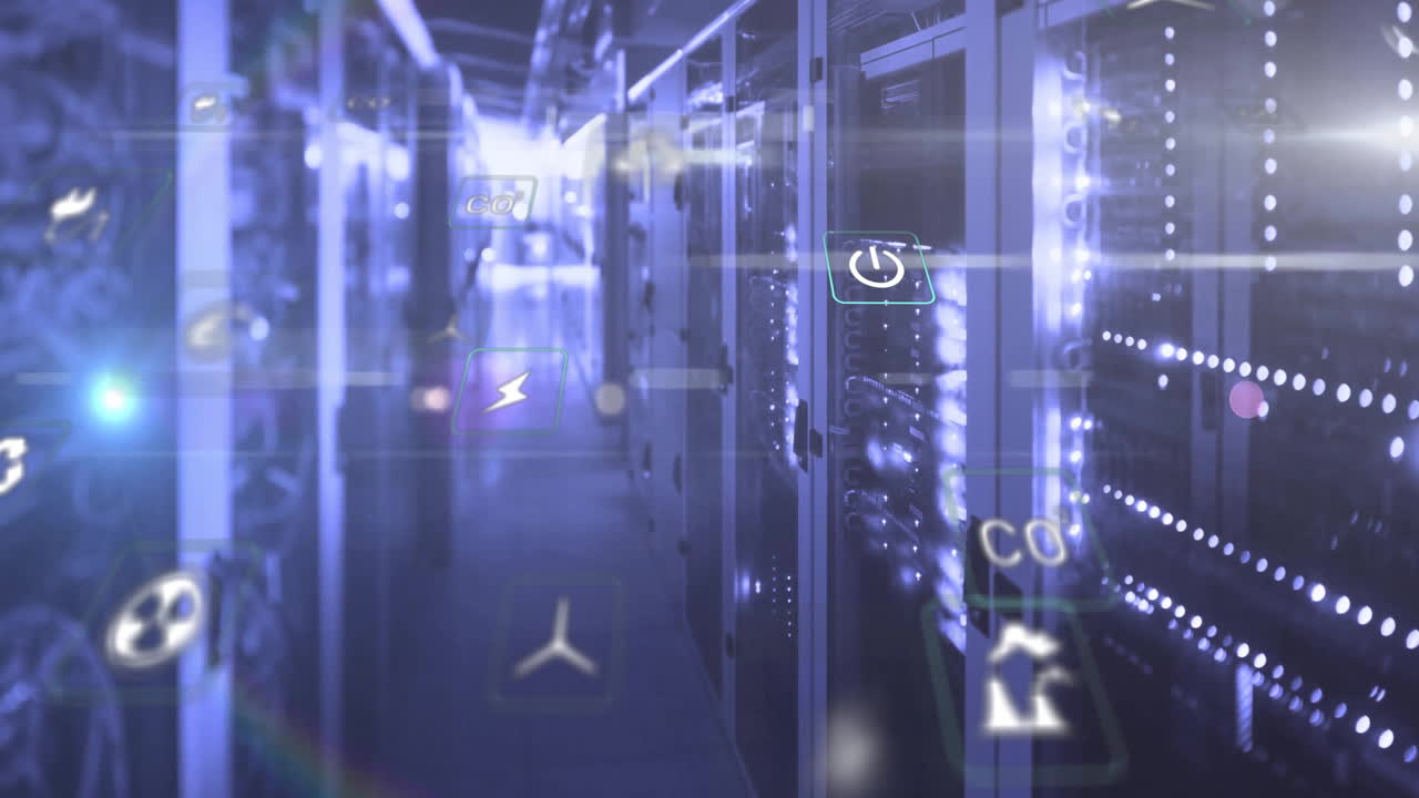 animación de iconos ecológicos y procesamiento de datos digitales a través de servidores informáticos