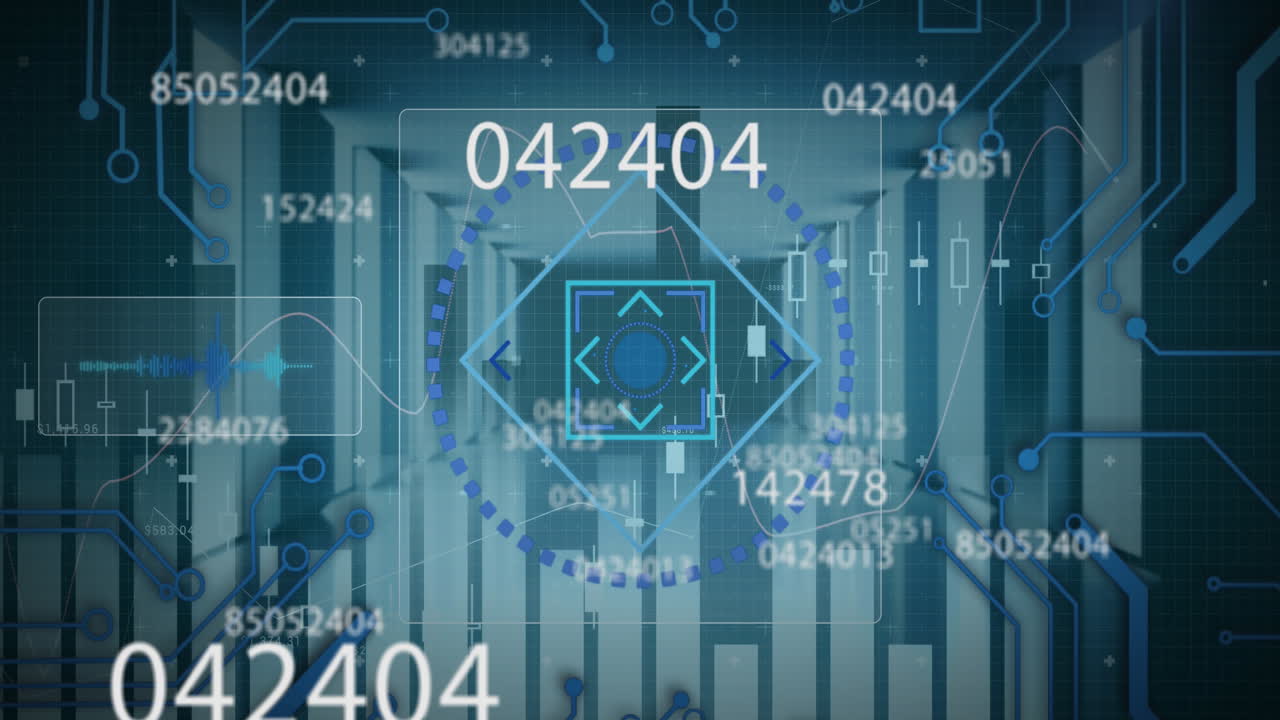Animation of scope scanning over numbers changing, financial data processing in background