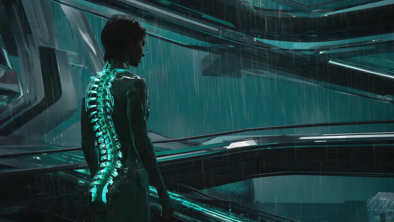 Futuristic cyberpunk woman with glowing spine