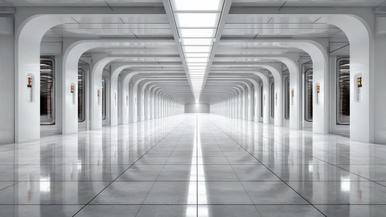 A mesmerizing view of a futuristic corridor, showcasing sleek architectural lines, shiny floors, and abundant natural light, creating an expansive sense of space and modernity
