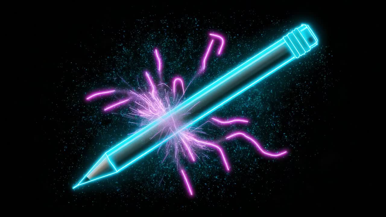 Illuminated Neon Pencil Animation: A Glowing Writing Instrument Surrounded by Colorful Sparks, Showcasing Creative Energy and Vibrant Visual Effects in a Dark Background