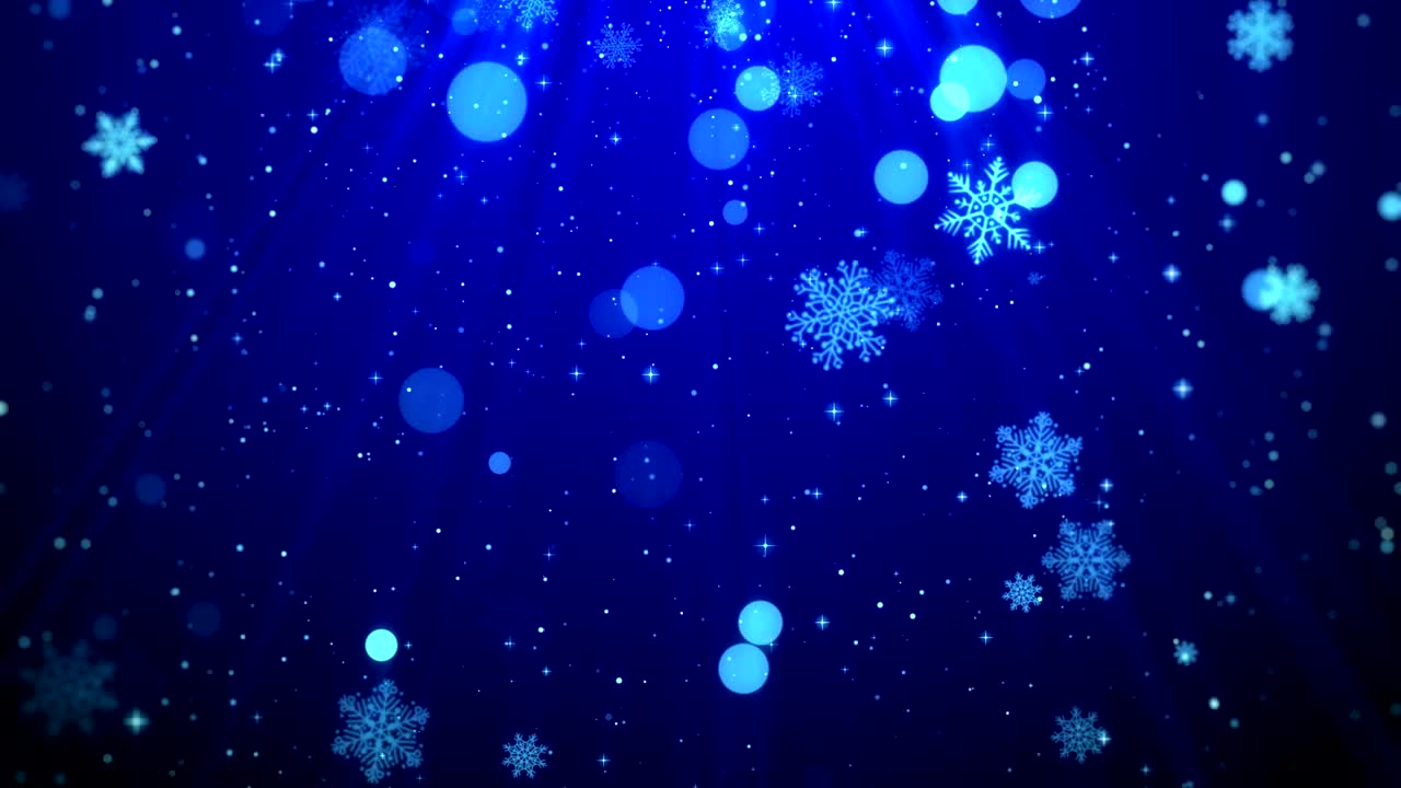 크리스마스 배경 모션 그래픽 영상 (블루 테마), 반이는 입자 눈알이 떨어지고 빛나는 조명, 루프