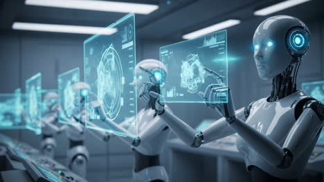 advanced robotics and artificial intelligence in a futuristic control room, showcasing multiple humanoid robots analyzing data on transparent holographic displays