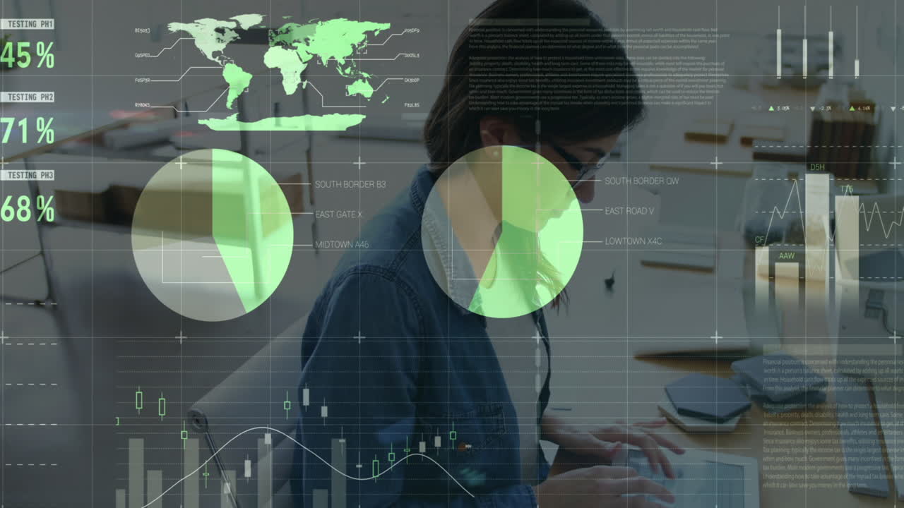 animación del procesamiento de datos sobre una mujer de negocios caucásica en la oficina
