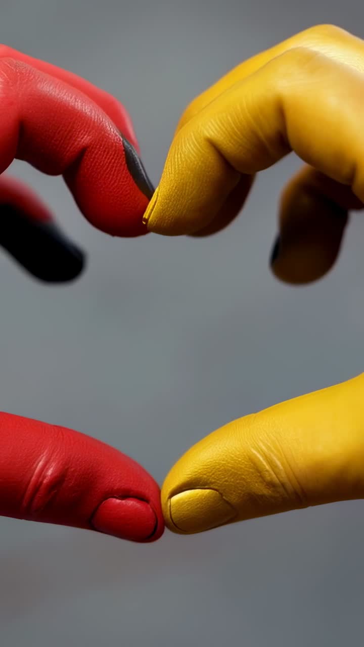 Vertical video: Red black-tipped and yellow gloved hands moving fingers in closeup, releasing bead
