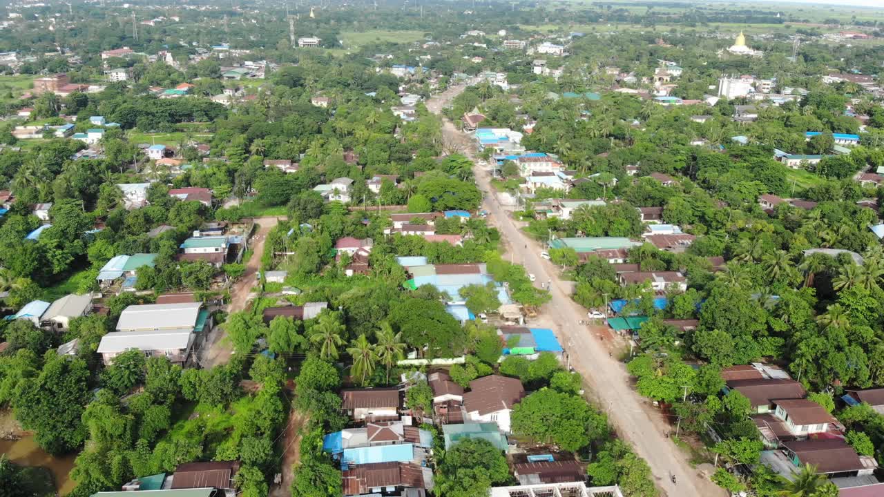 Drone flying over the streets of Bago in Myanmar