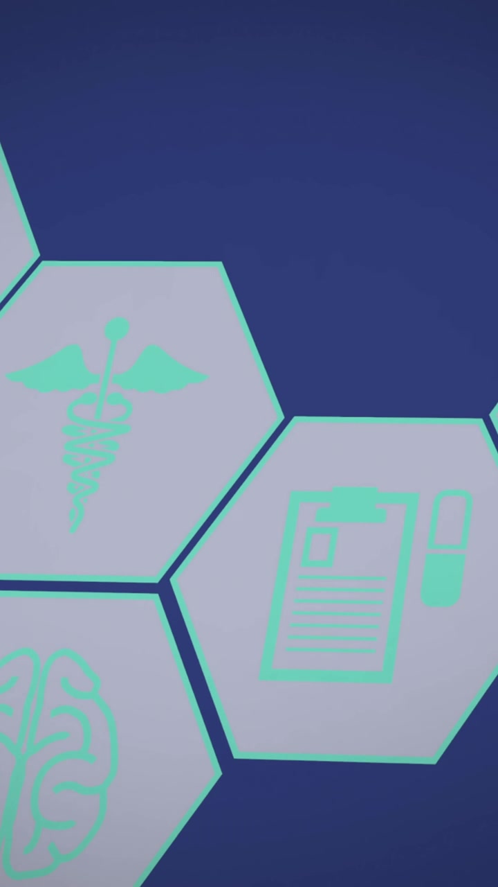 Animación de múltiples iconos médicos flotando sobre fondo azul