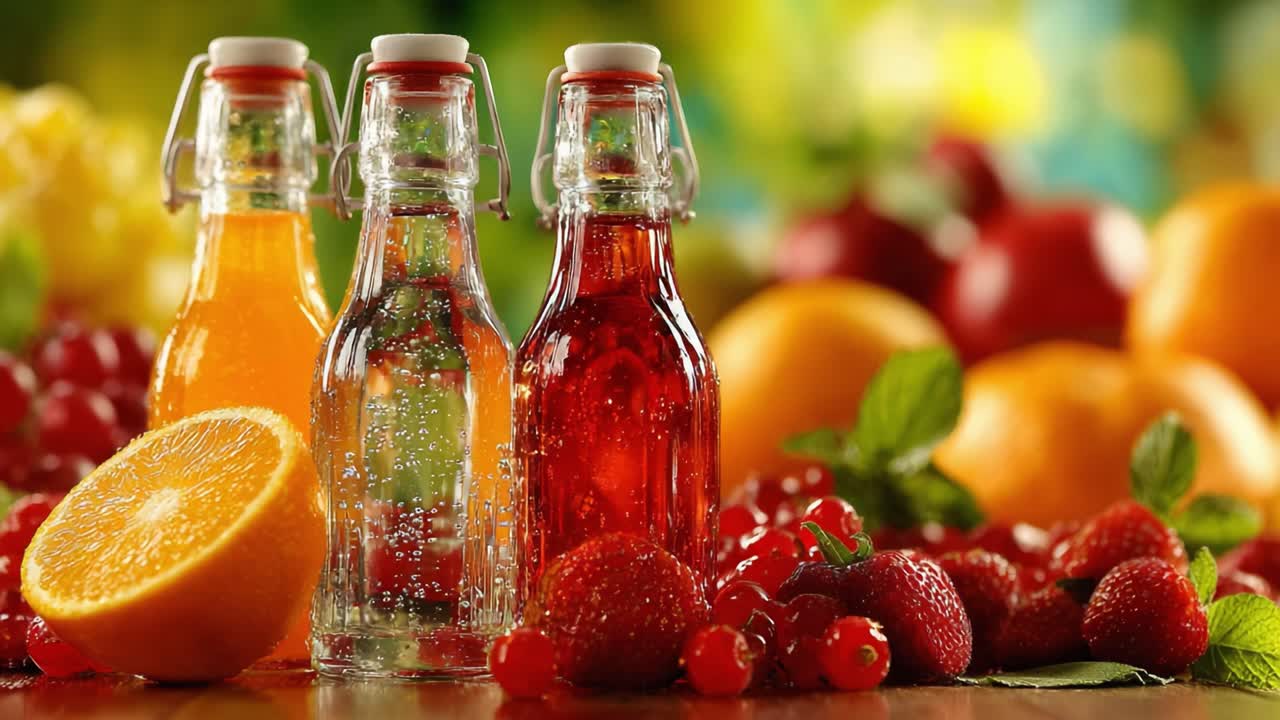 Un despliegue vibrante de coloridas bebidas embotelladas rodeadas de fruta fresca: zumos y burbujas en una escena dinámica con cítricos y bayas para una experiencia refrescante