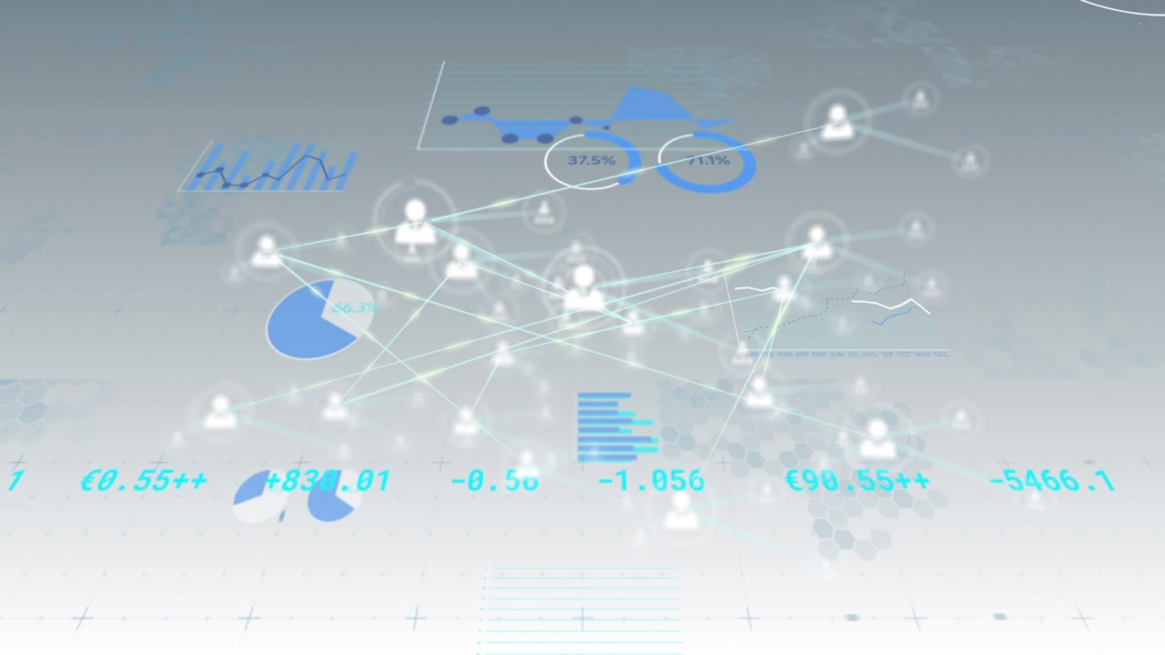 Animation of connections over graphs and data on grey background