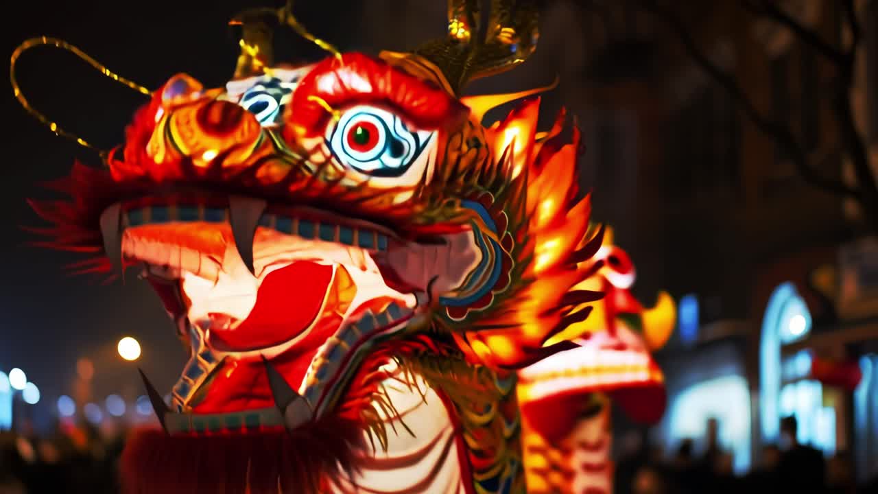 Close up of a vibrant, illuminated chinese dragon head during a lunar new year celebration in a city at night, showcasing the rich colors and intricate details of traditional chinese culture