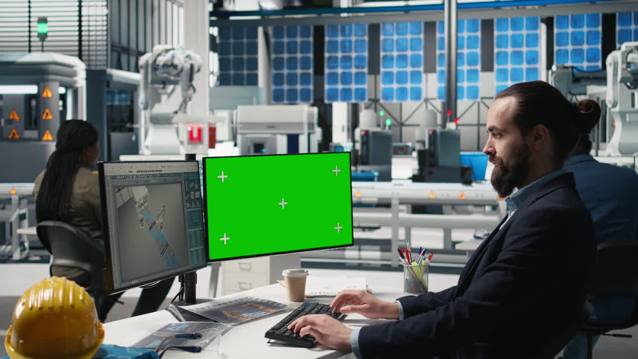 Engineers Working on Automation Project with Green Screen Computer