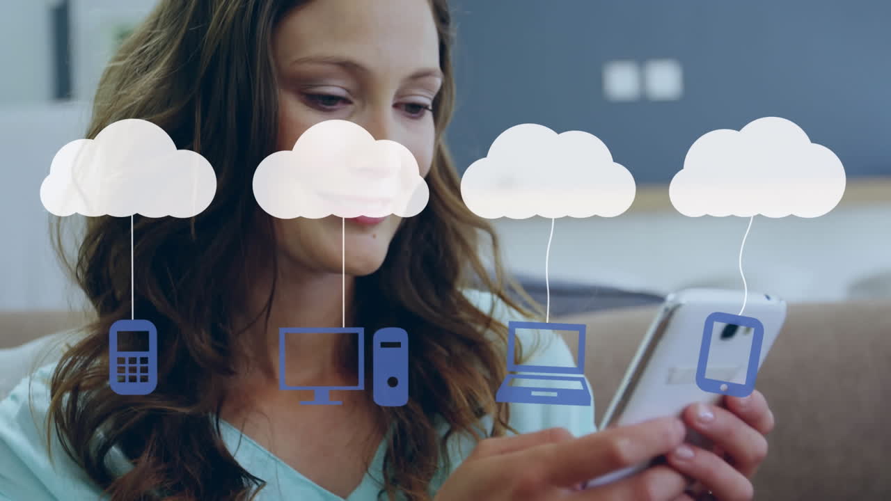animación de nubes e iconos de medios sobre una mujer usando un teléfono inteligente