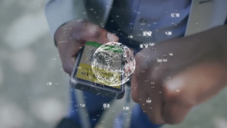 person using smartphone with digital globe and data network animation overlay