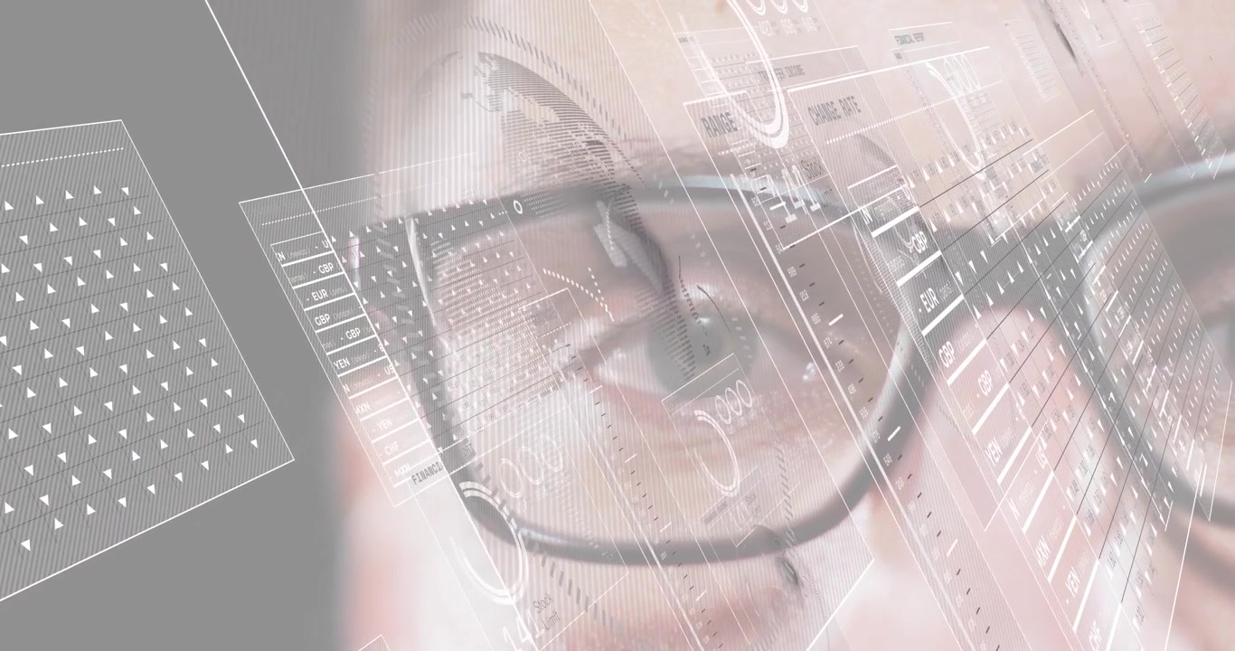 Eye focusing while holographic currency rates UI updating with drifting gauges over glasses