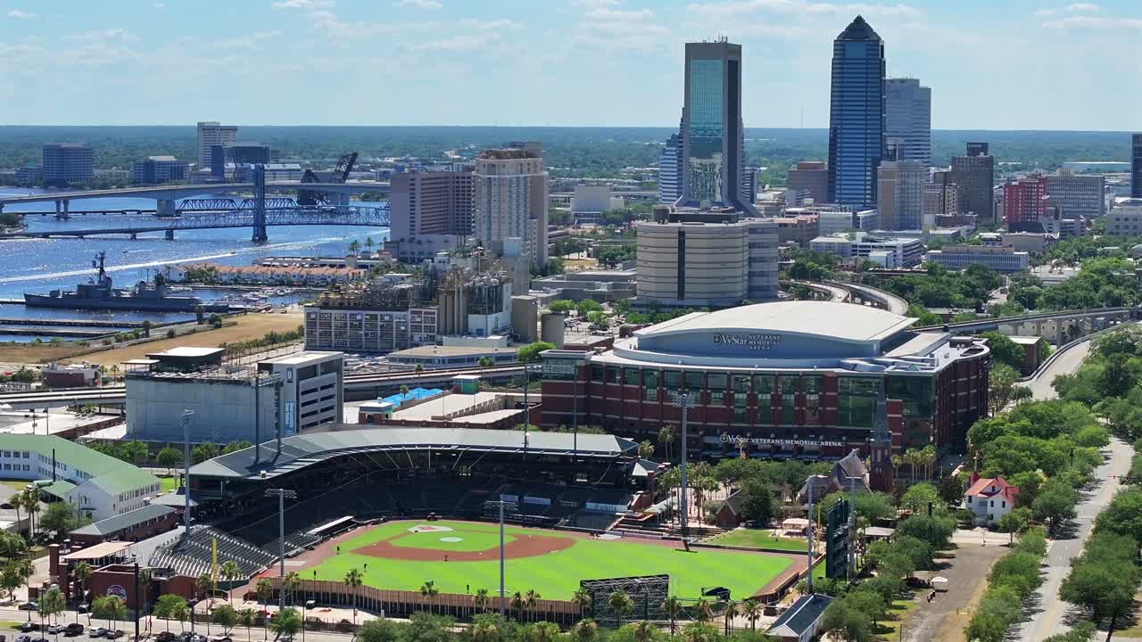 Aerial view of Downtown Jacksonville, Florida, featuring 121 Financial Park and VyStar Veterans Memorial Arena
