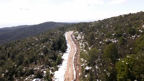 Empujón-Rápido-En-Toma-Aérea-De-Camino-De-Tierra-En-Medio-De-Los-Bosques-Nevados-En-El-Parque-Oncol,-Chile