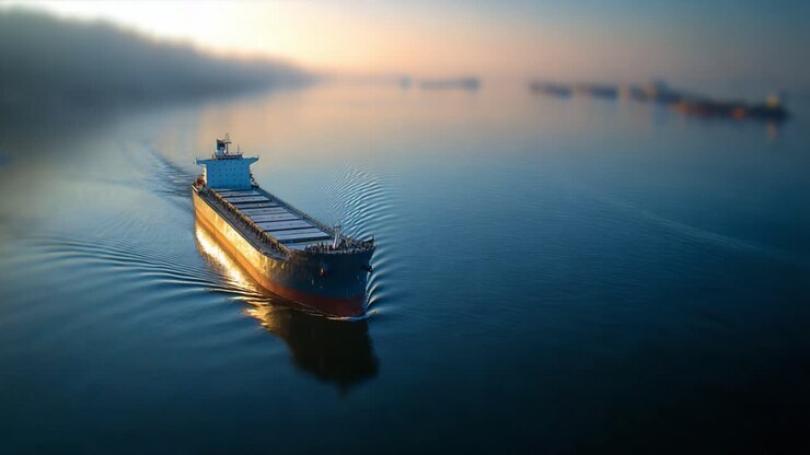 A Serene Morning on the Water: A Cargo Ship Navigates Through Calm Waters Amidst the Misty Landscape, Capturing the Essence of Maritime Tranquility