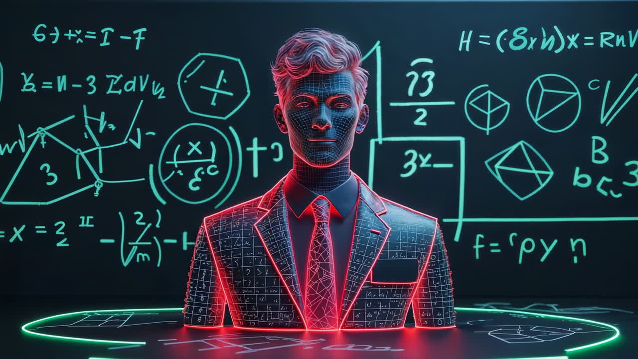 AI Professor Amidst Glowing Mathematical Formulas