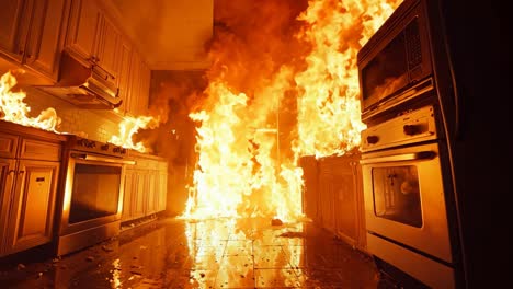 una cocina en llamas en el medio de una cocina