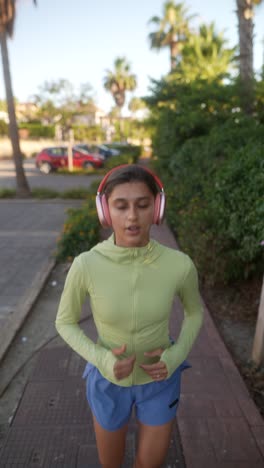 woman running outdoors with headphones