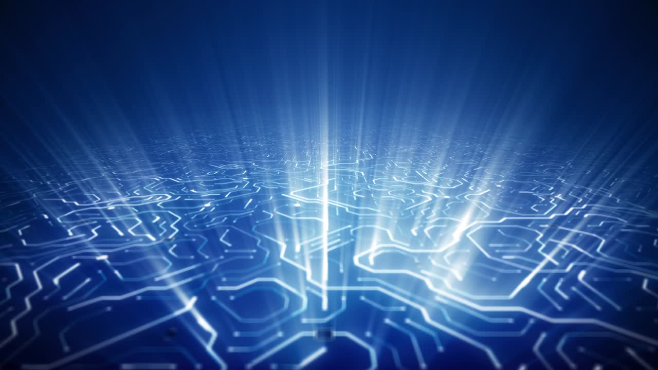 깊은 파란색 회로판을 가로질러 끝없는 여행 빛 광선 폭발 배경 루프