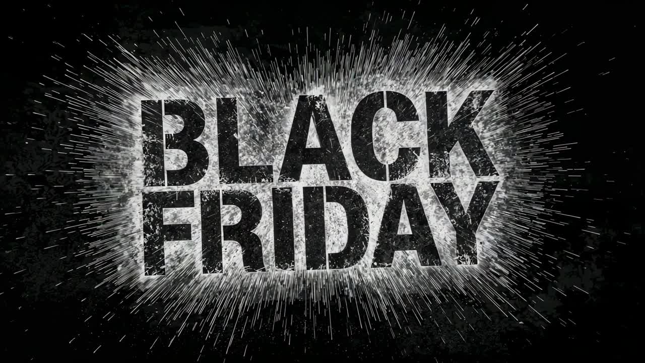 Bursting streaks and particles pushing distressed BLACK FRIDAY text scaling on black, halo glowing