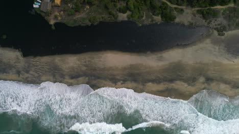 aerial cenital shot of the beach and the black lagoon in the mangrove la ventanilla, oaxaca