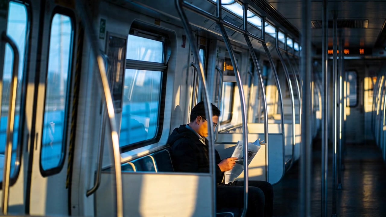 Reading commuter man wearing dark coat, turning newspaper on mostly empty commuter train moving
