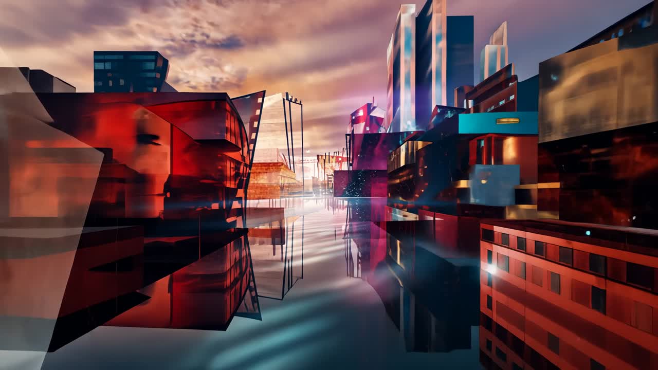 Starting semi-transparent panels drifting over canal revealing skyscrapers at dawn with light rays