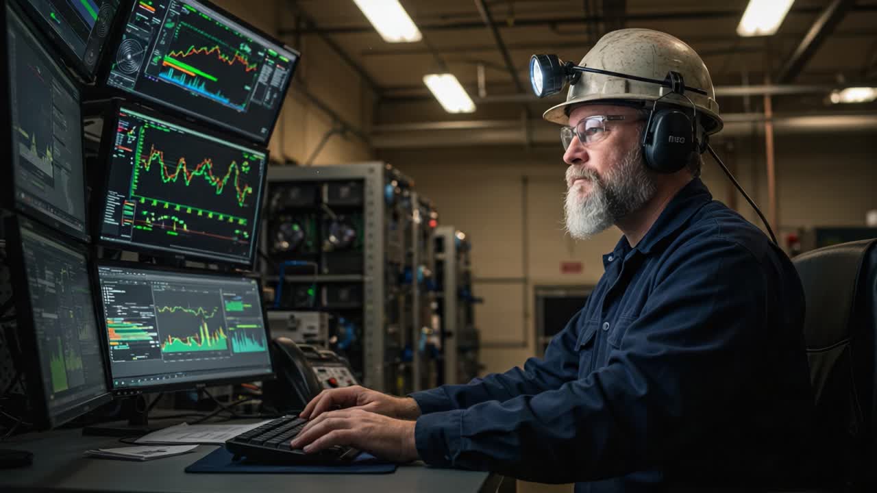 An industrious technician monitors advanced data analytics in a high-tech environment, showcasing expertise in handling complex information and ensuring operational efficiency