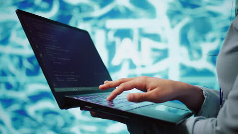 una toma de cerca de un experto que usa un sistema de ia y una computadora portátil.