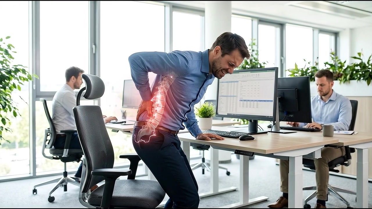 Businessman Suffering From Back Pain in Modern Office