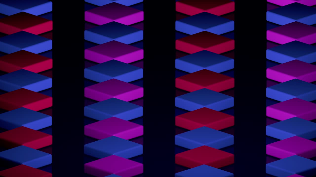 A looped abstract background of blue, purple and red cubes that move diagonally