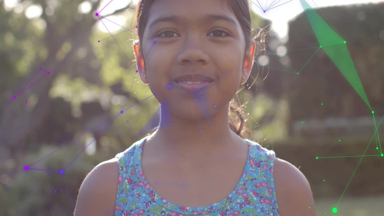 Girl standing garden smiling laughing while color overlays drifting causing face revealing for ads