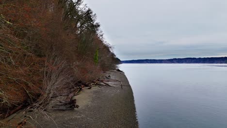 Relajante-Toma-Frontal-De-La-Costa-Y-El-Océano-En-La-Bahía-De-Wollochet-En-Gig-Harbour,-Estado-De-Washington