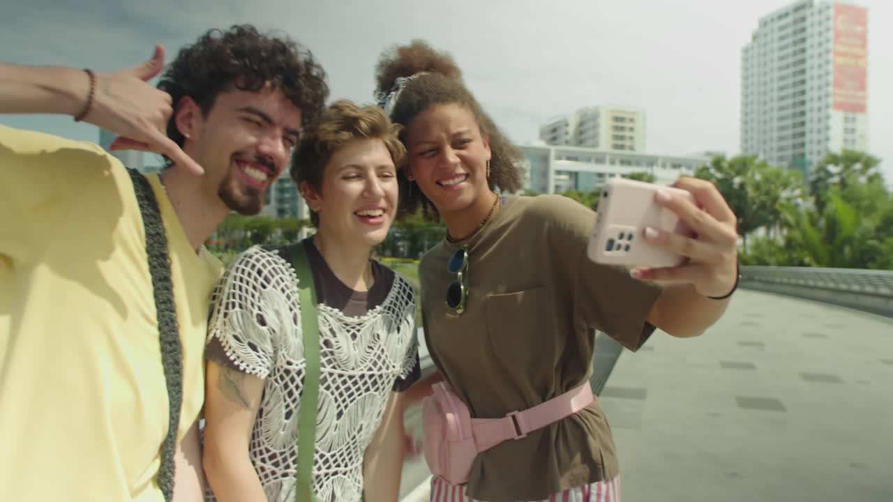 Joyous Gen Z Friends Taking Selfie in City