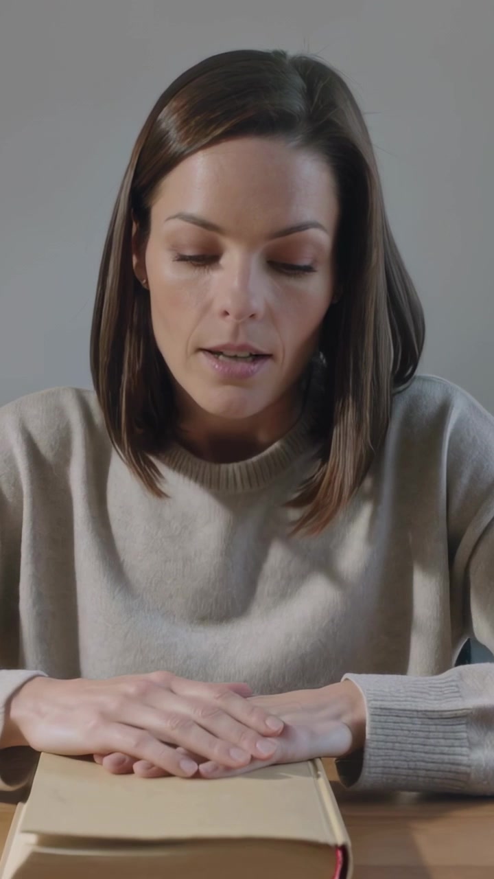 Video verticale: Donna con maglione color cammello che gira le pagine di un libro rilegato aperto su un tavolo di legno, pensierosa.