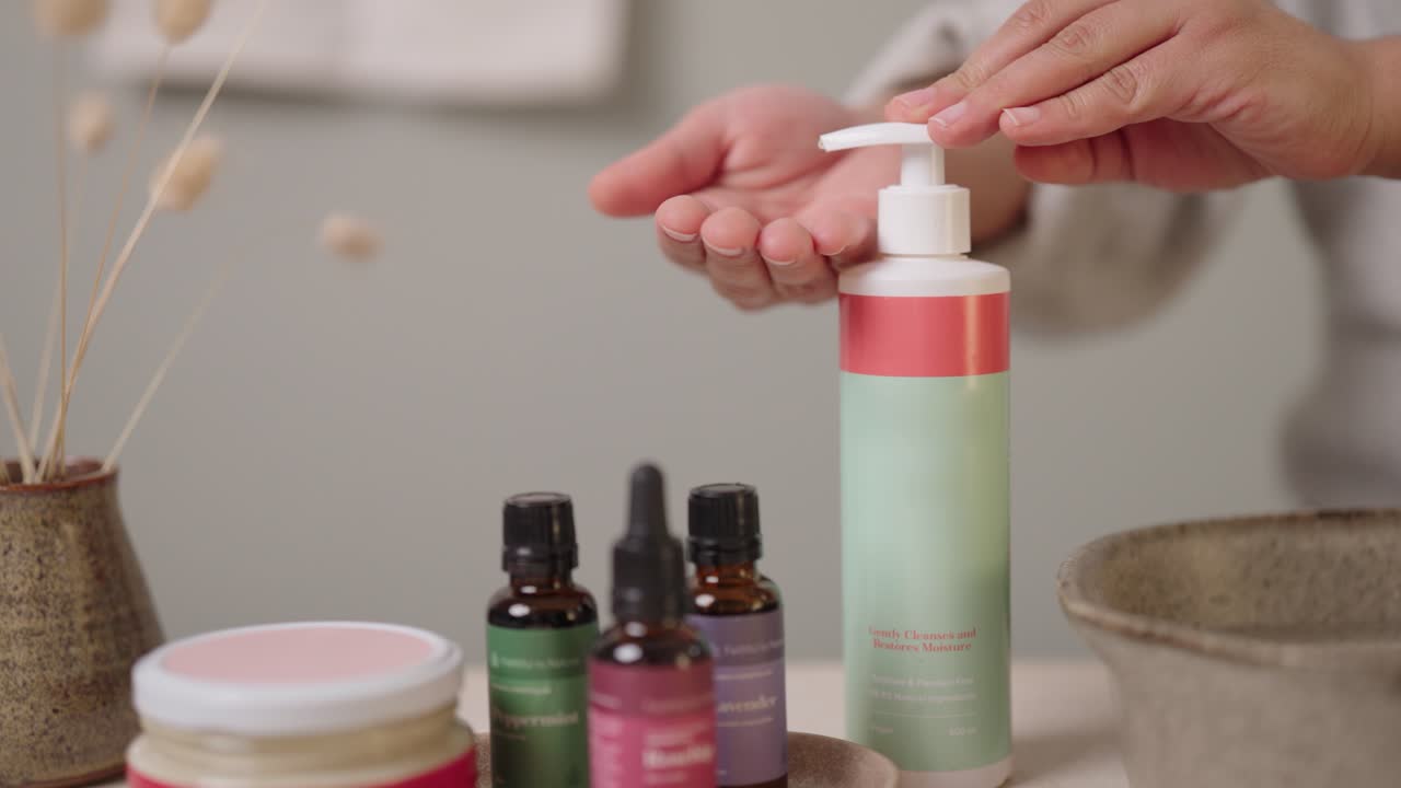 Una persona che preme un contenitore di sapone liquido per erogare il liquido prima di lavarsi le mani